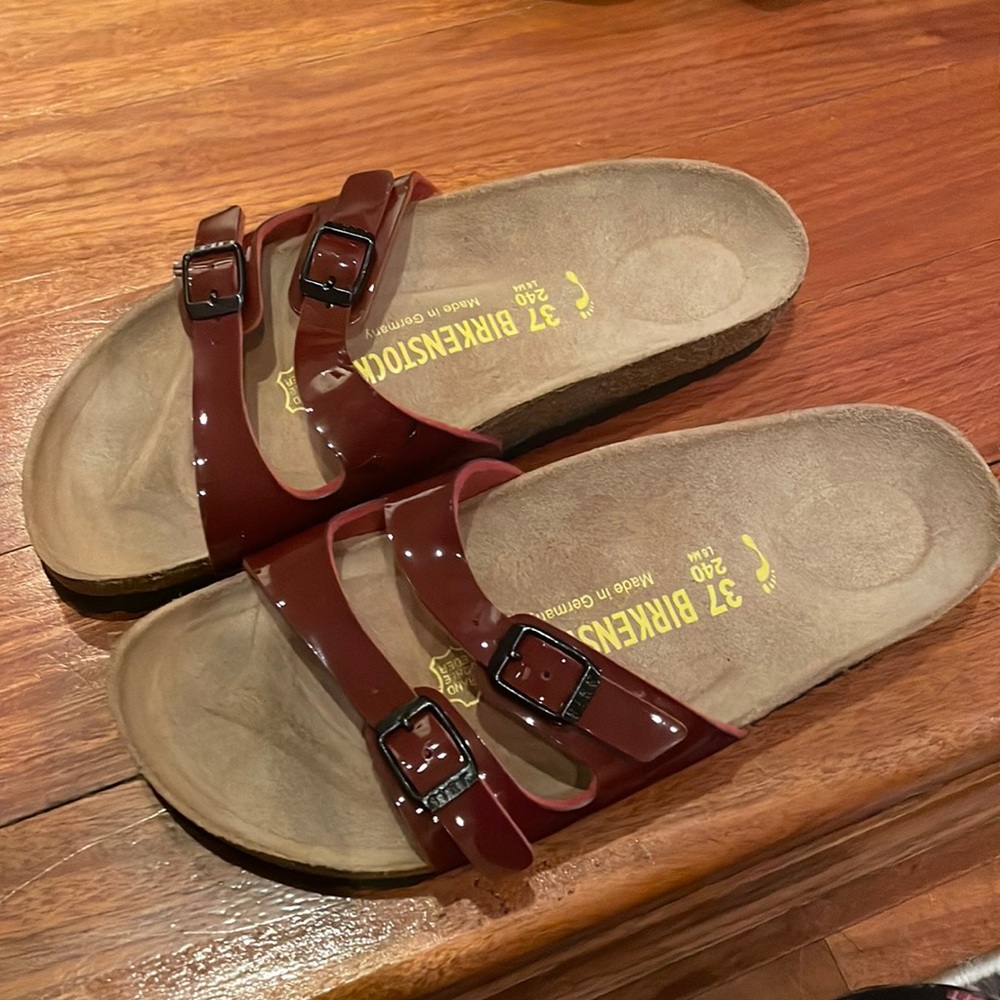 Maroon patent birkenstocks